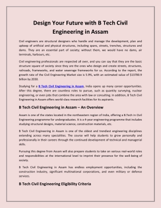Design Your Future with B Tech Civil Engineering in Assam