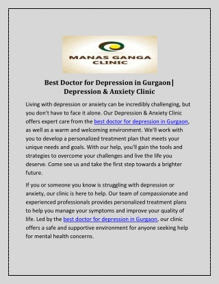 Best Doctor for Depression in Gurgaon| Depression & Anxiety Clinic